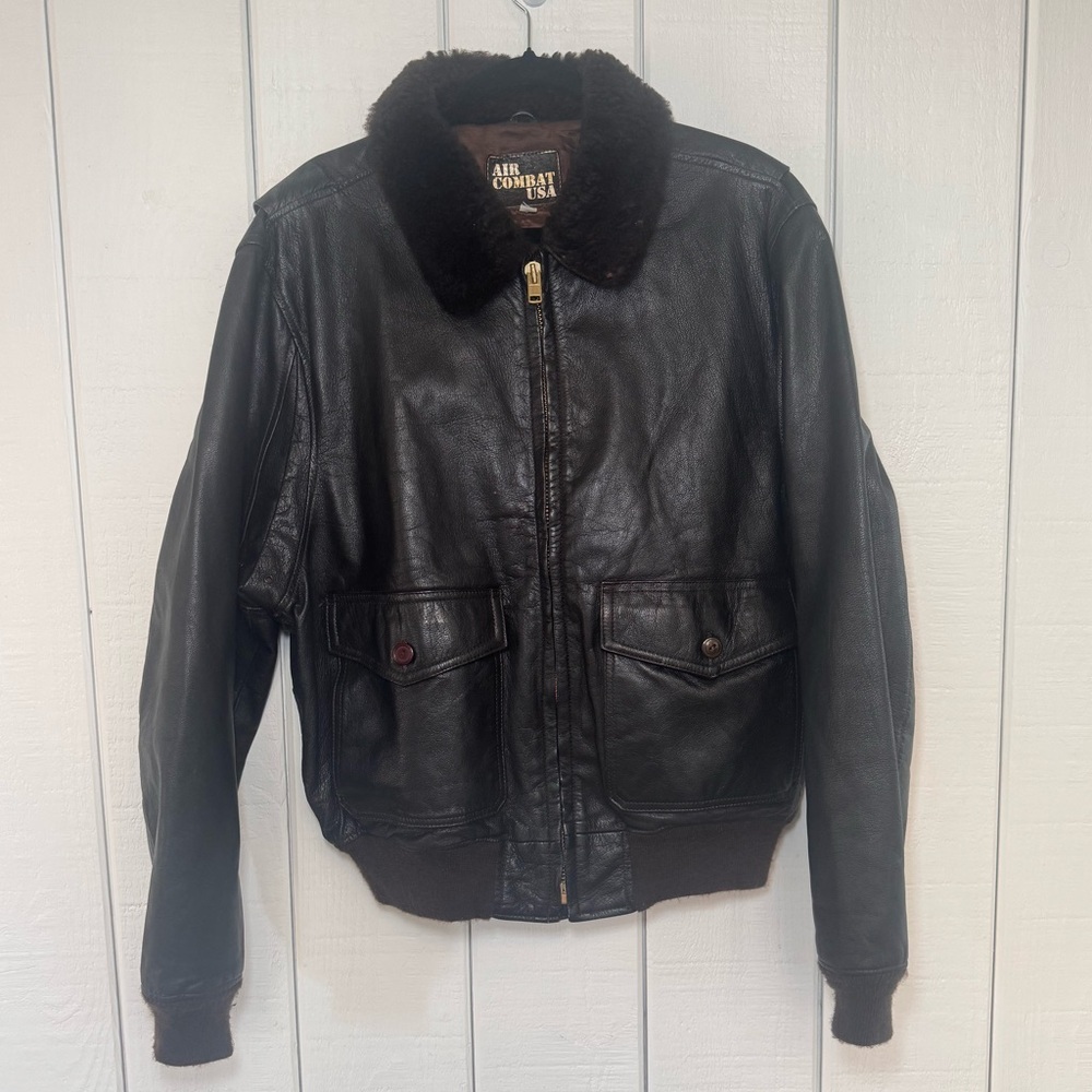 Vintage Air Combat Black Leather Bomber Jacket